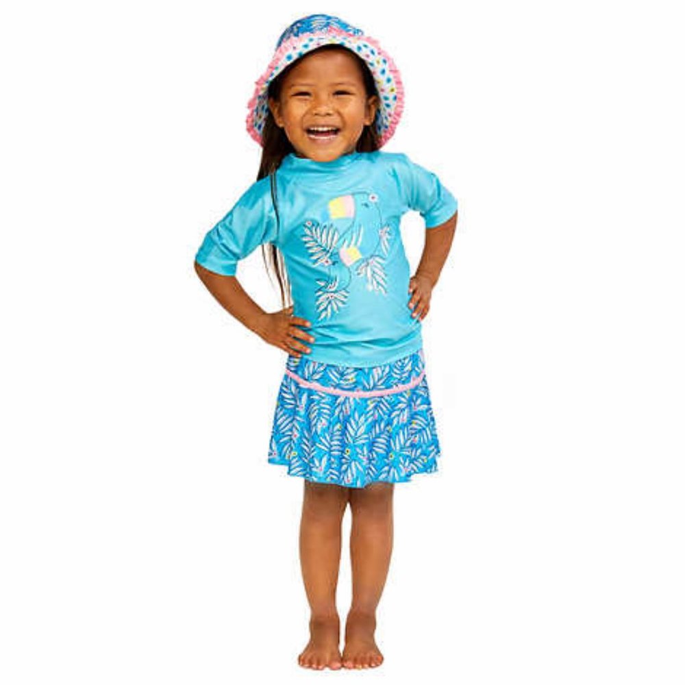 NWT UV Skinz Kids' 3-piece UPF 50+ Swim Set with Sun Hat, Aqua Toucan  2T